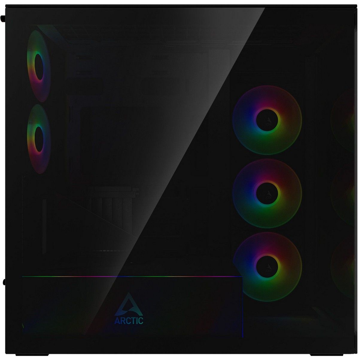 Arctic Xtender VG Black вид спереди — два и три ARGB-вентилятора за закалённым стеклом с радужной подсветкой