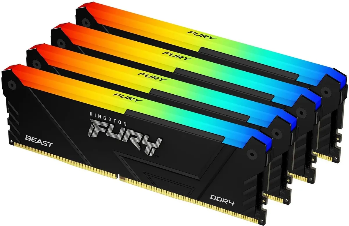 Kingston KF426C16BB2AK4/64 четыре модуля DDR4 FURY Beast RGB вид под углом контакты