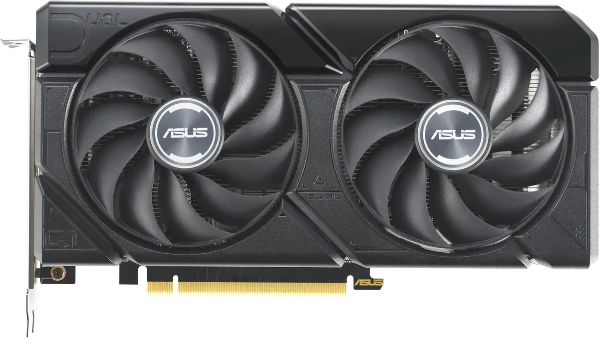 ASUS GeForce RTX 4060 DUAL EVO вид спереди, два вентилятора, чёрный корпус с логотипом