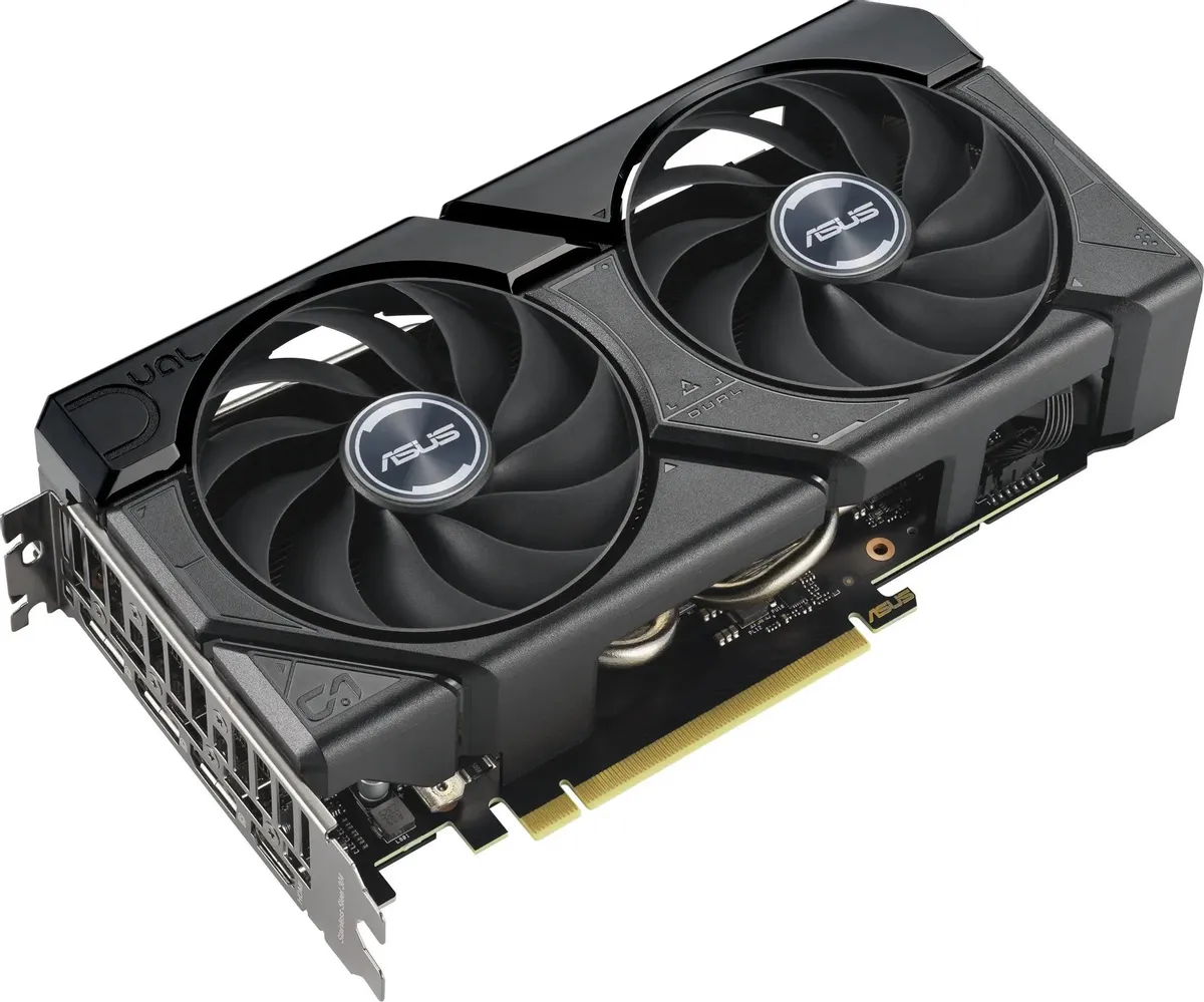ASUS GeForce RTX 4060 DUAL EVO — трёхчетвертной вид, два осевых вентилятора, задняя панель, золотые контакты PCIe