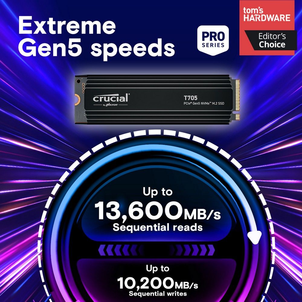 Crucial T705 1TB радиатор крупным планом — охлаждение PCIe 5.0 SSD