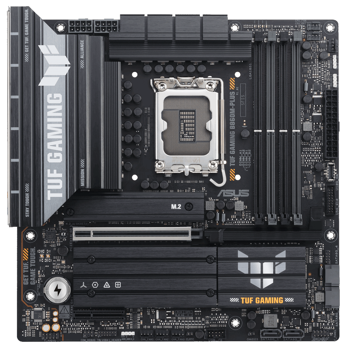 ASUS TUF Gaming B860M-PLUS слоты DDR5 и зона VRM с пассивным охлаждением