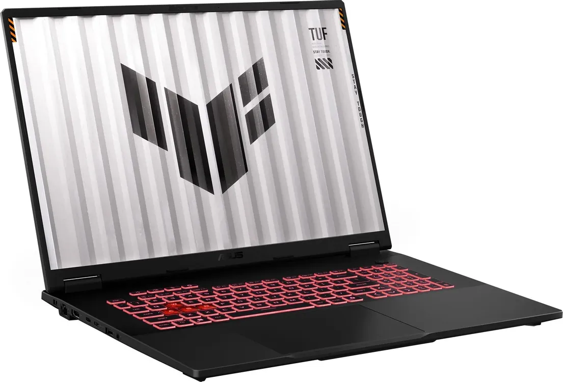 ASUS TUF Gaming A18 FA808UH вид сбоку с красной подсветкой клавиатуры