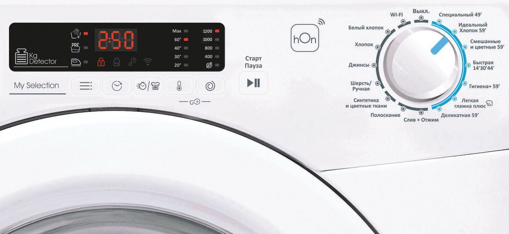 Candy Smart Pro CSH44283DW/2-07 панель управления с цифровым дисплеем и схемой выбора программ стирки