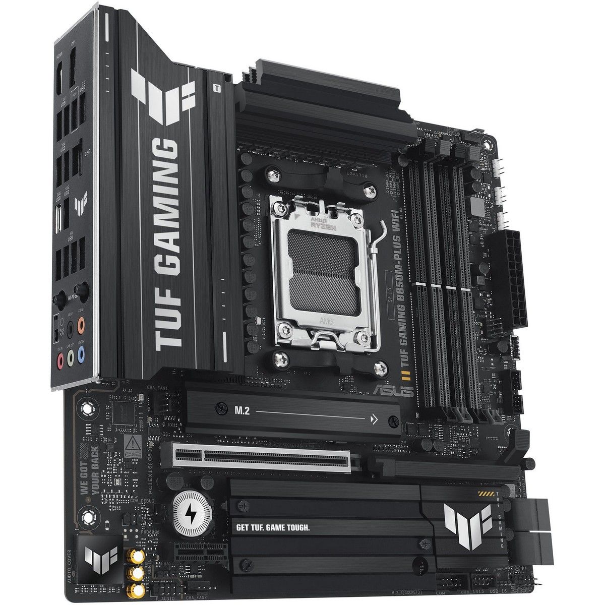 ASUS TUF Gaming B850M-Plus WiFi слоты DDR5 и разъёмы M.2 на плате