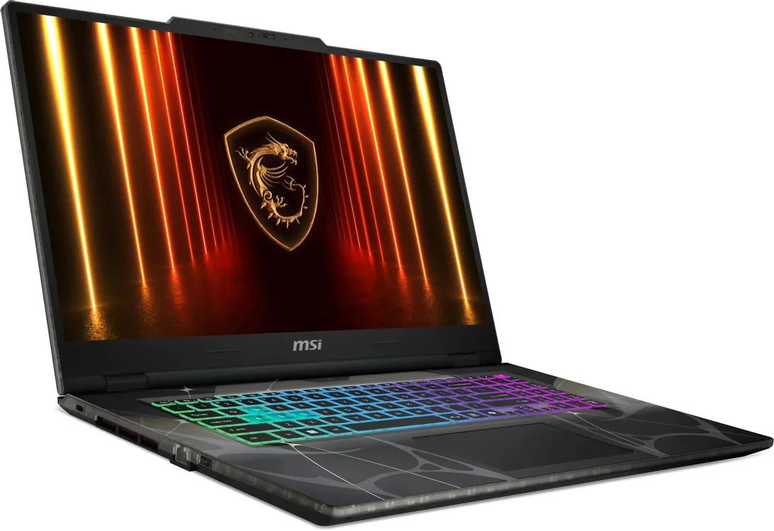 MSI Cyborg 17 B2RWFKG-284XRU игровой ноутбук — вид спереди под углом, RGB подсветка клавиатуры и экран с визуальным эффектом дракона