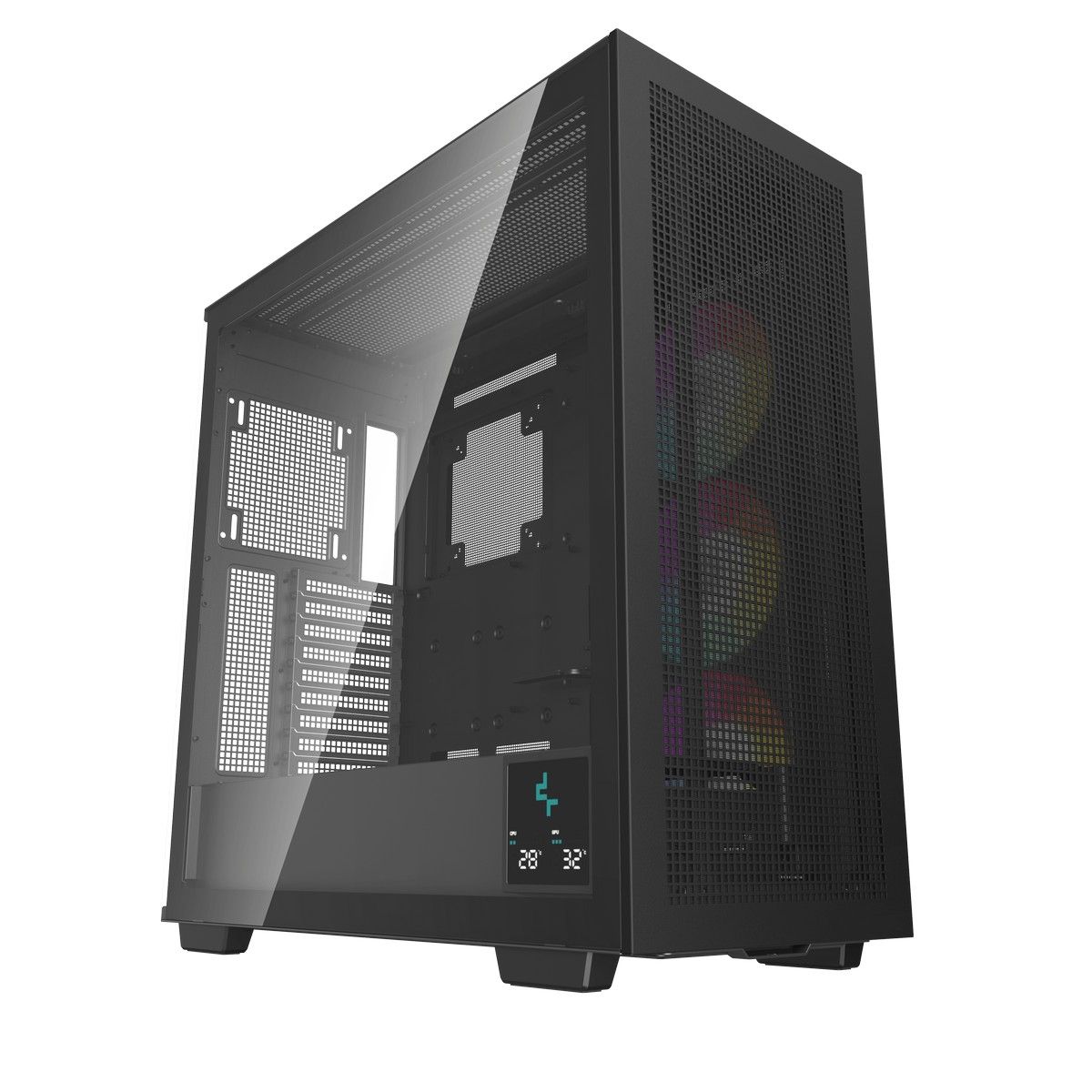 DeepCool MORPHEUS Full-Tower корпус вид в три четверти с LCD-дисплеем температуры