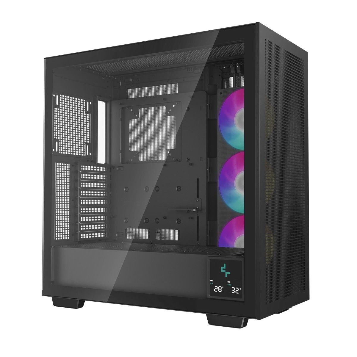 DeepCool MORPHEUS три ARGB-вентилятора 140 мм с фиолетово-голубой подсветкой через открытую боковую панель