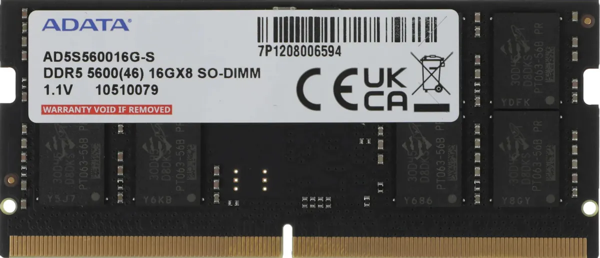 ADATA AD5S560016G-S DDR5 SO-DIMM 16 ГБ 5600 МГц — наклейка с характеристиками и логотипами сертификации
