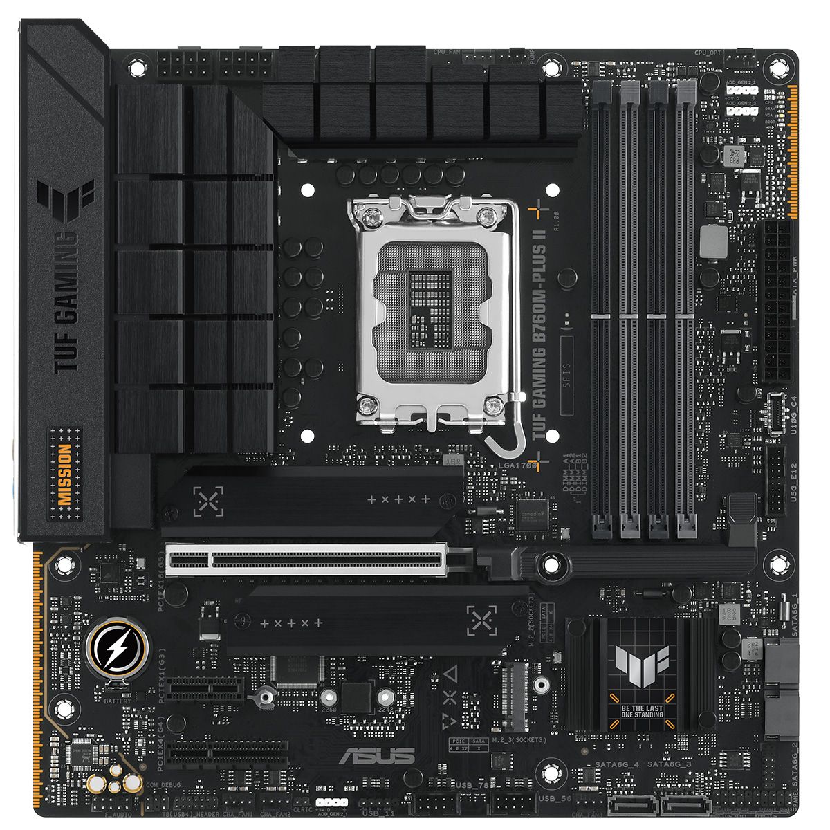 ASUS TUF Gaming B760M-PLUS II вид сверху — сокет LGA 1700, радиатор VRM, слоты DDR5 и PCIe 5.0