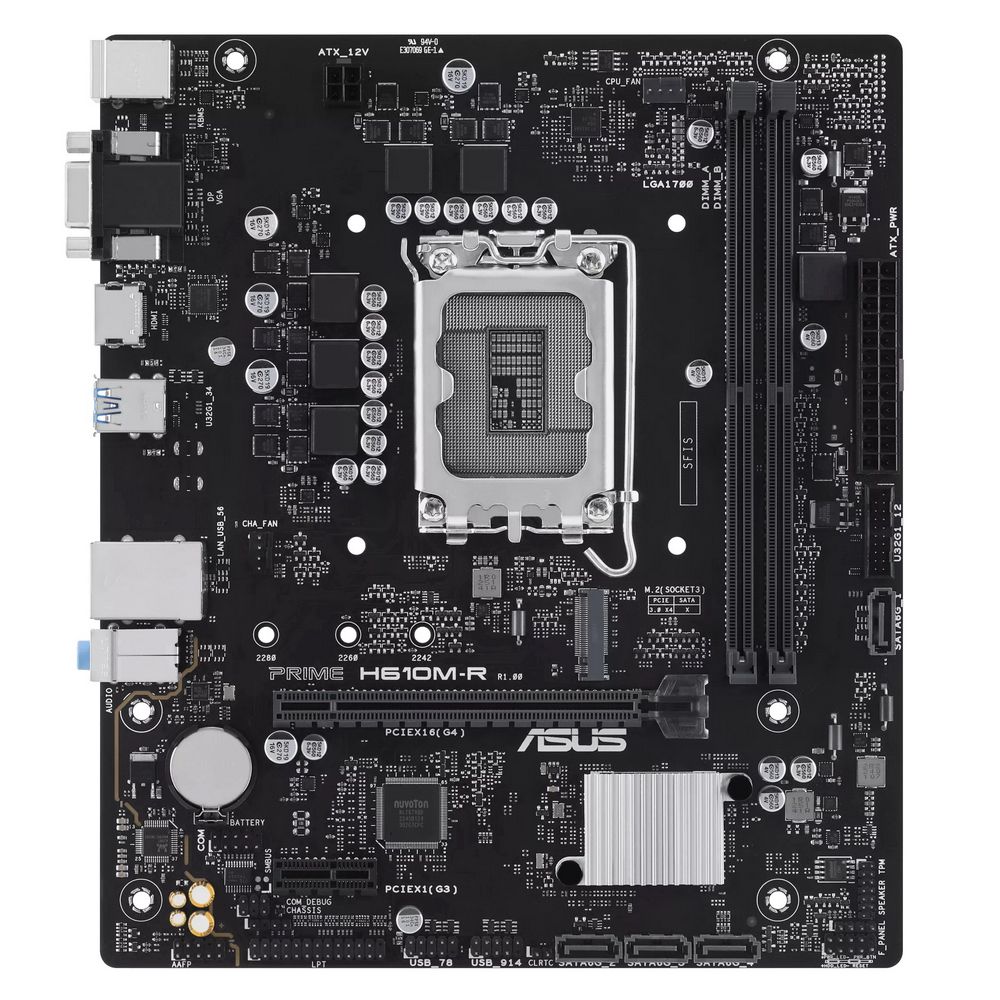 ASUS Prime H610M-R-SI вид сверху — сокет LGA 1700, слоты DDR5, разъёмы M.2 и SATA