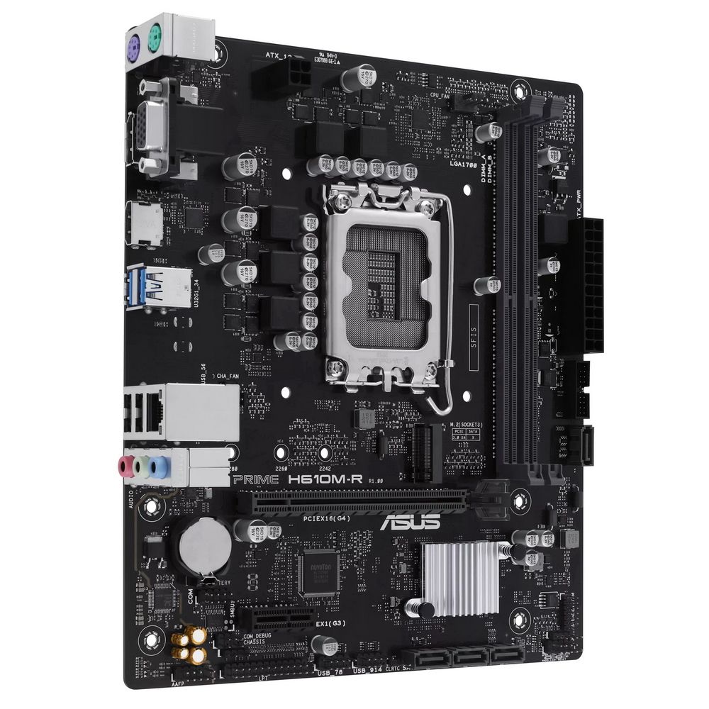 ASUS Prime H610M-R-SI вид под углом — порты задней панели USB, HDMI, DisplayPort, VGA, аудио, SATA, сокет LGA 1700