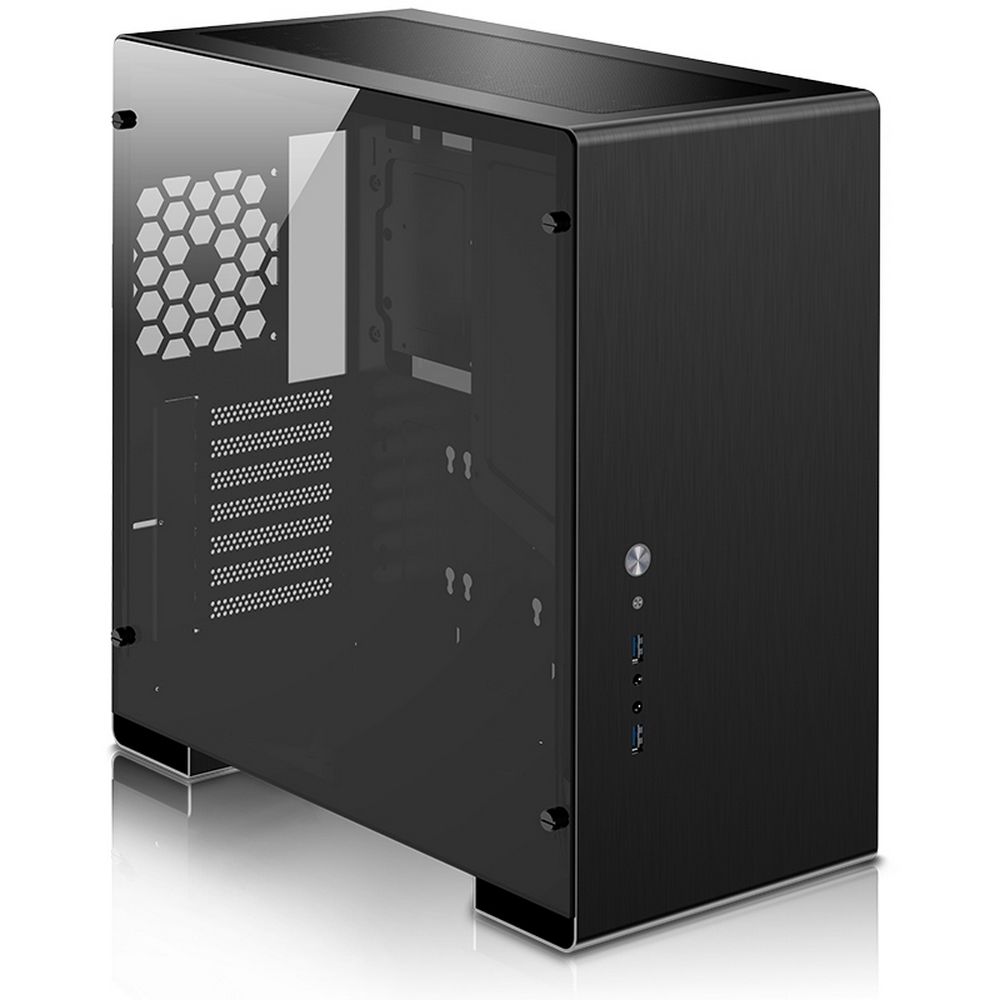 Jonsbo U5 Black вид под углом — чёрная алюминиевая передняя панель и порты USB на фронтальной части