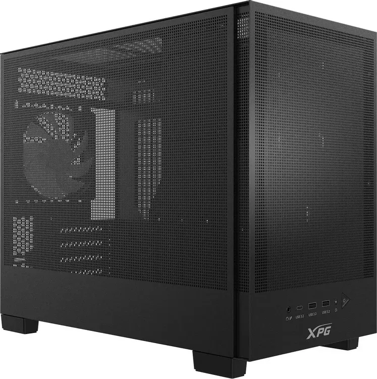 ADATA XPG VALOR MESH NANO вид спереди и сбоку — перфорированная панель и ARGB-вентилятор