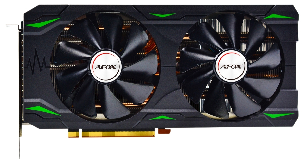 Afox RTX 3060 Ti GAMING AF3060TI-8192D6H7 — вид сверху на радиатор, два вентилятора и разъём питания 12-pin
