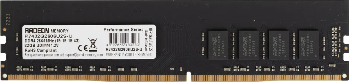 AMD Radeon R7 Performance R7432G2606U2S-U планка DDR4 32GB 2666MHz — этикетка с характеристиками