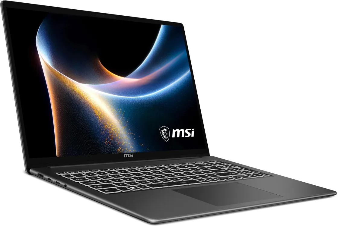 MSI Modern 16S AI+ открытый ноутбук вид сбоку — клавиатура, тачпад и включённый экран