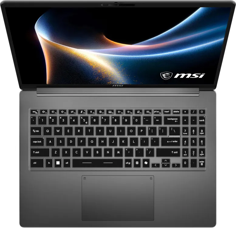 MSI Modern 16S AI+ вид сверху — клавиатура с подсветкой, большой тачпад и экран