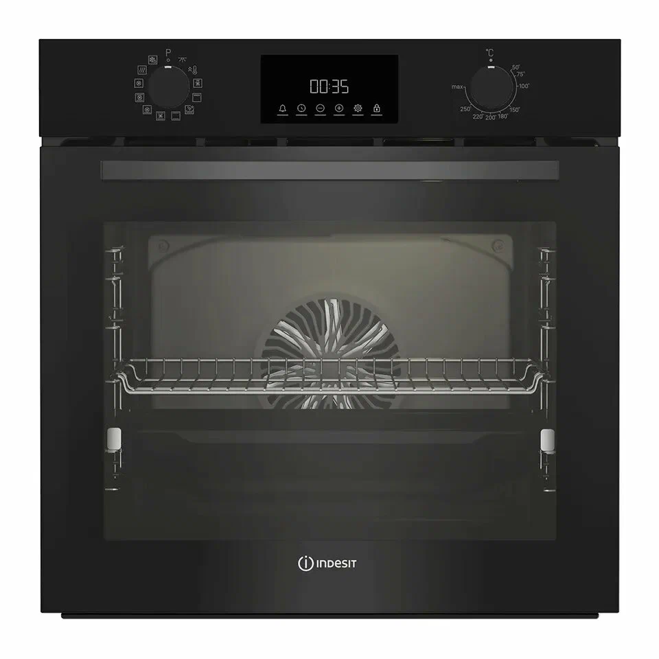 Indesit IBFTE 3844 J BL встроенный духовой шкаф с открытой дверцей и внутренней камерой — вид спереди