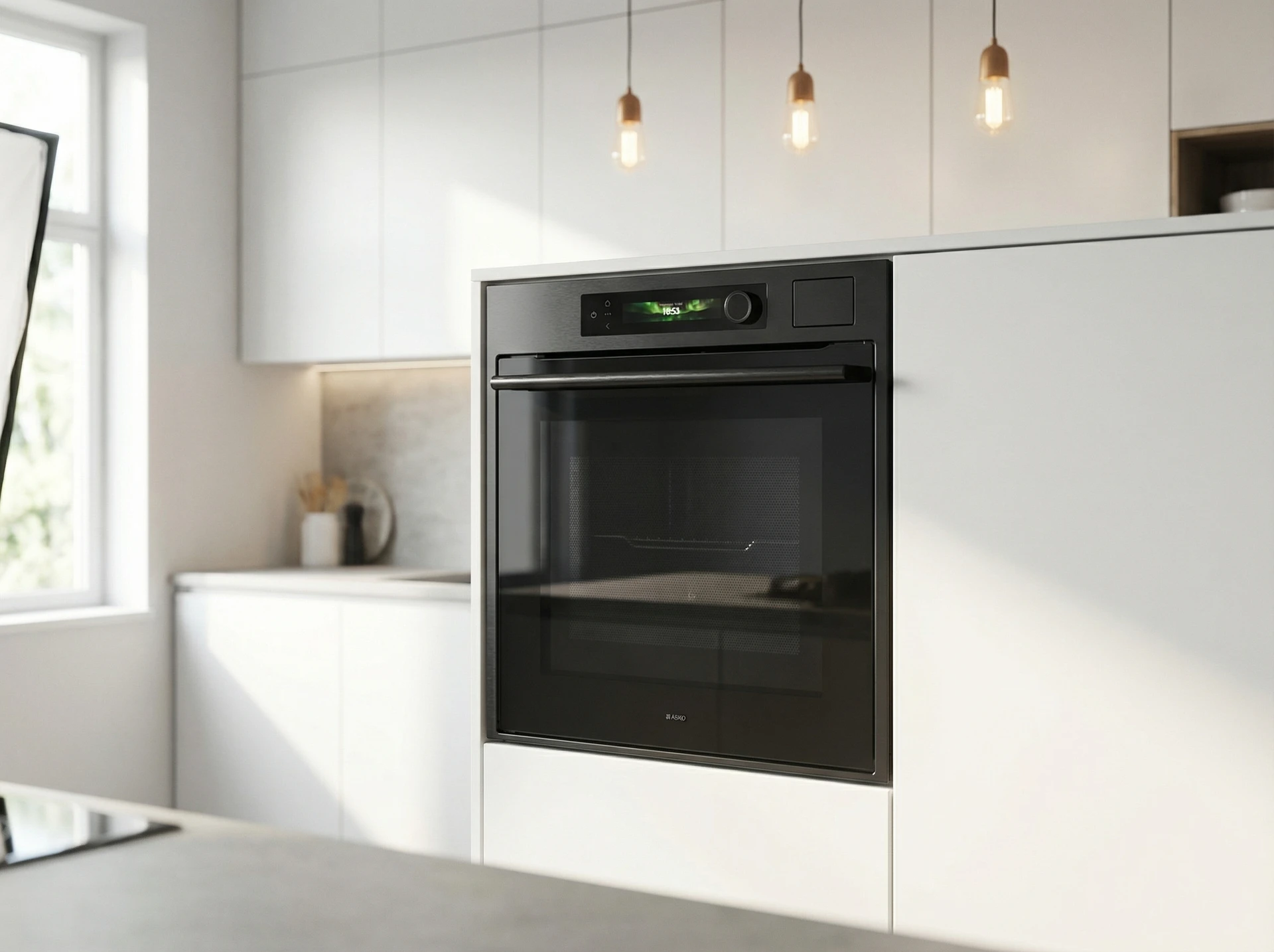 Asko OCSM66BSH в кухонном интерьере встроенный в гарнитур чёрная сталь