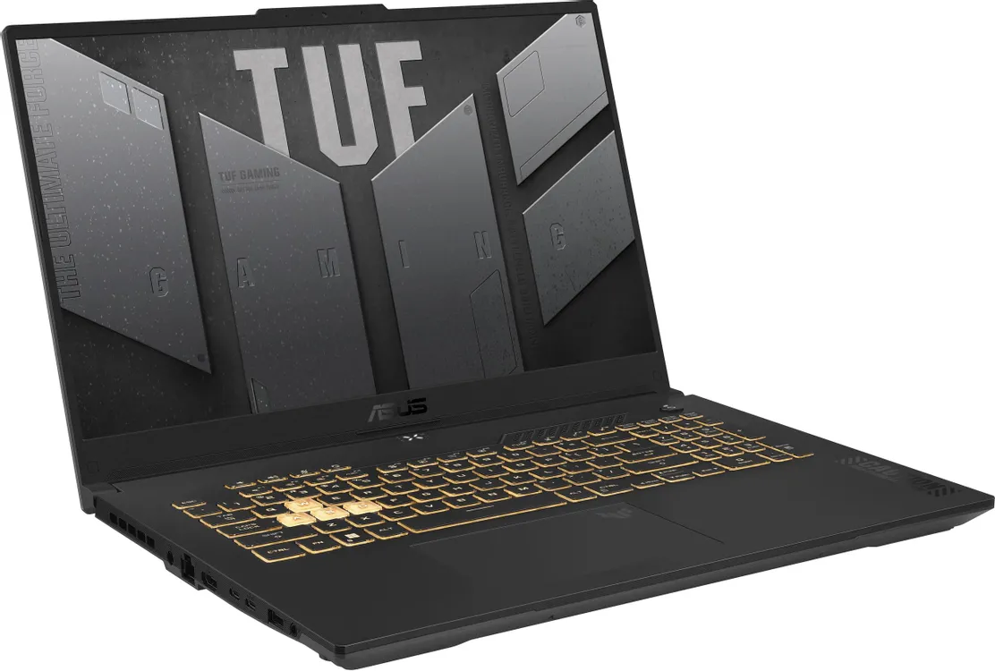 ASUS TUF Gaming F17 FX707VJB вид под углом с золотистой подсветкой клавиатуры и открытым экраном