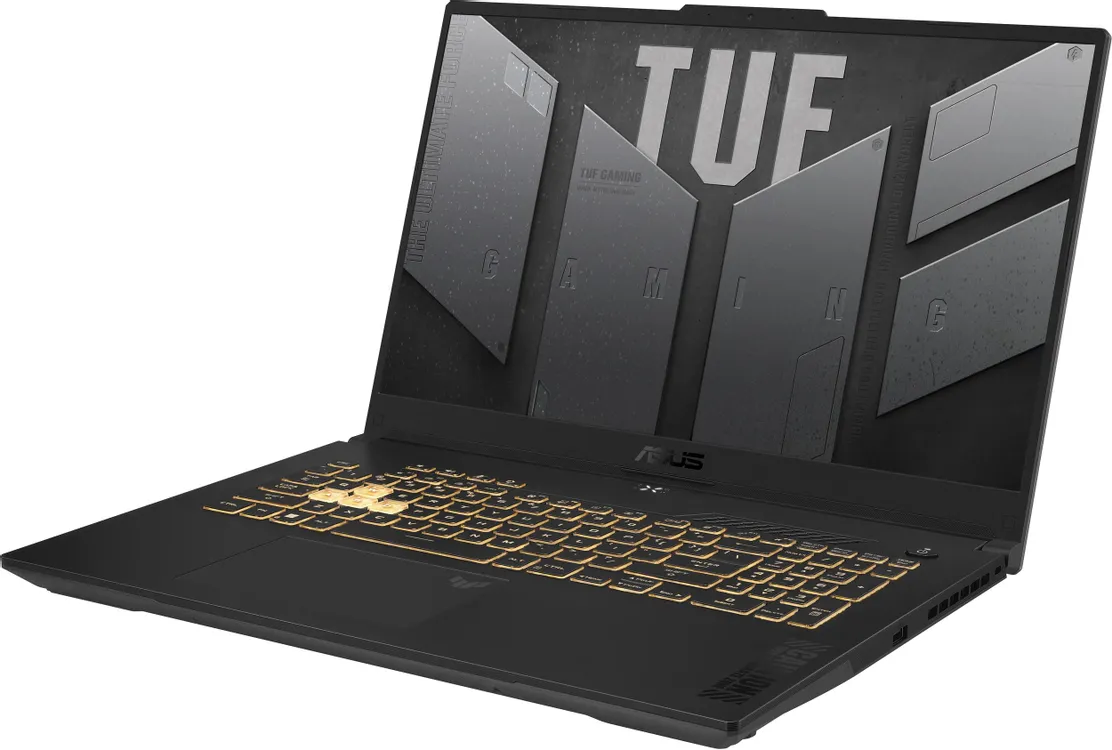 ASUS TUF Gaming F17 FX707VJB вид спереди с открытым экраном и интерфейсом TUF Gaming