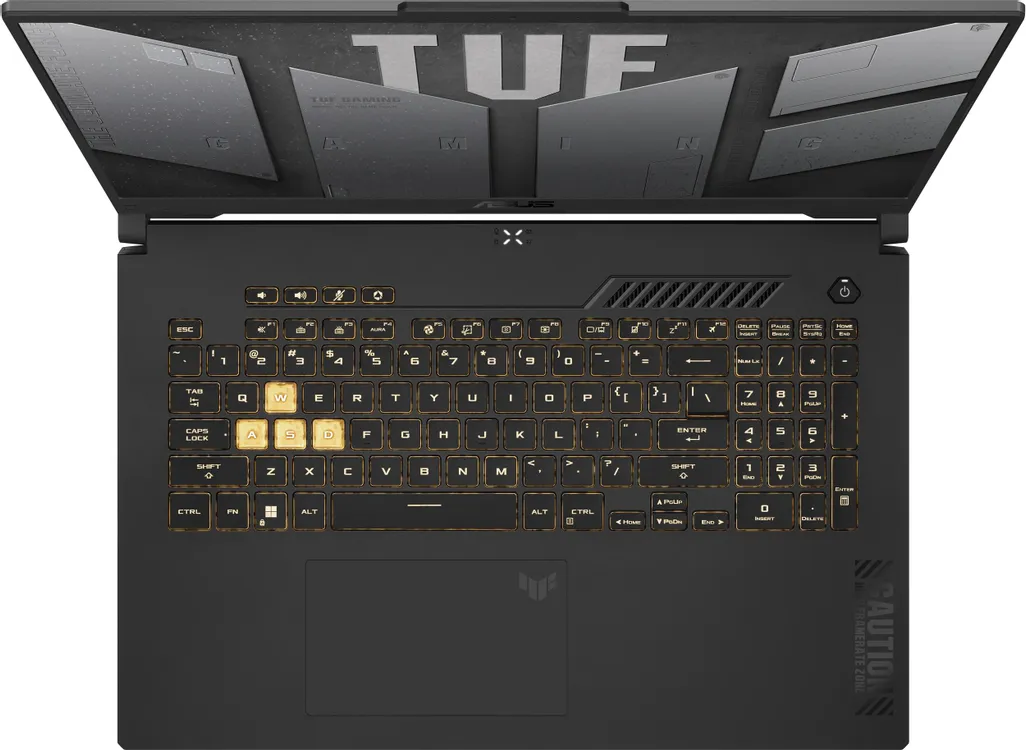 ASUS TUF Gaming F17 FX707VJB клавиатура с золотистой подсветкой, нумблок и тачпад вид сверху