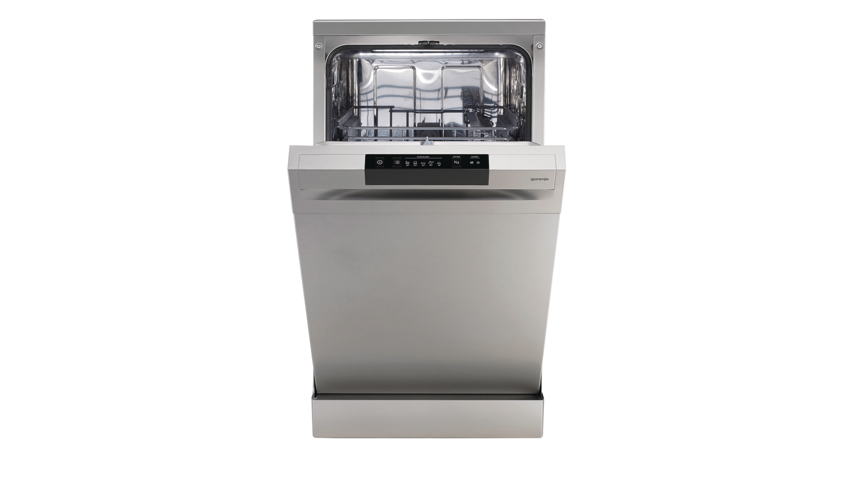 Gorenje GS520E15S вид спереди — открытая дверца, внутренние корзины и панель управления