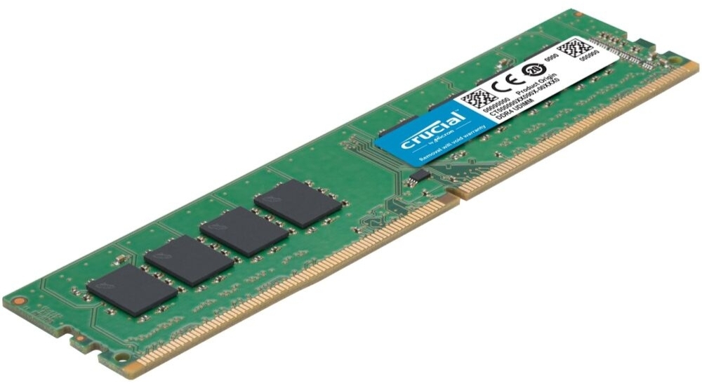 Crucial CB16GU3200 DDR4 16 ГБ — вид сверху, зелёная плата с синей этикеткой Crucial и золотистыми контактами DIMM