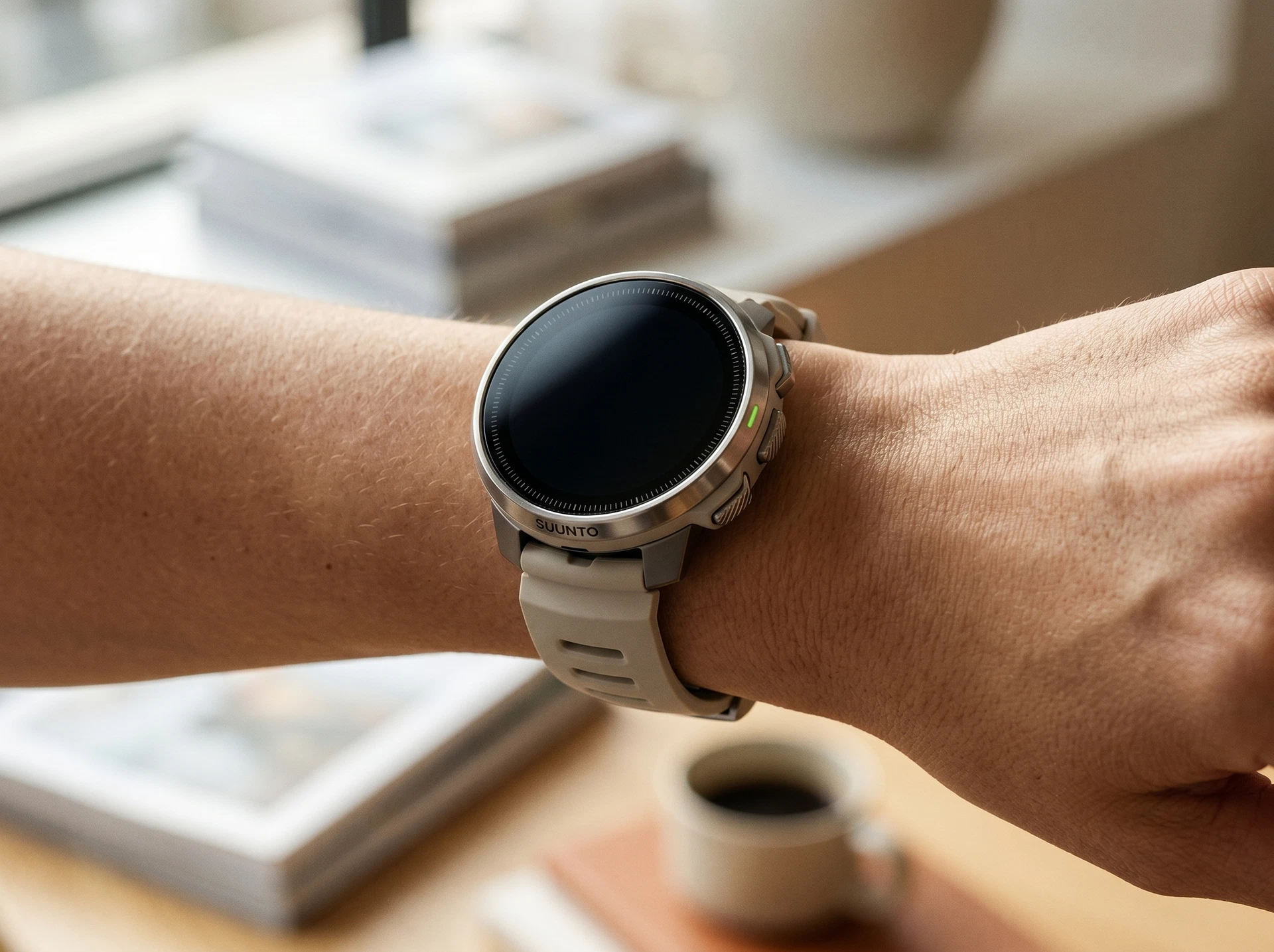 Suunto Ocean бежевый ремешок серебристый корпус на запястье — вид в повседневном использовании
