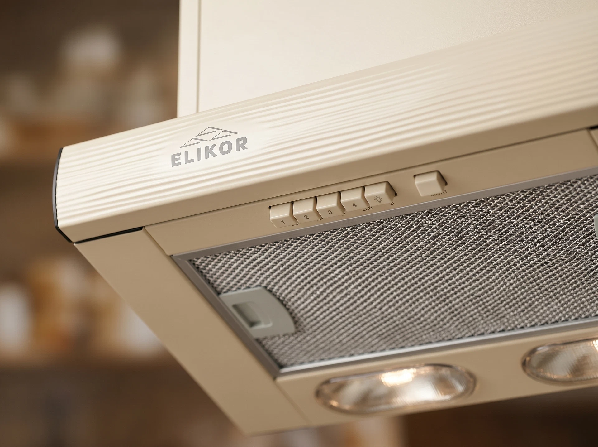 Elikor Интегра 45П-400-В2Л кремовый в интерьере — встраиваемая вытяжка вписывается в светлый кухонный гарнитур