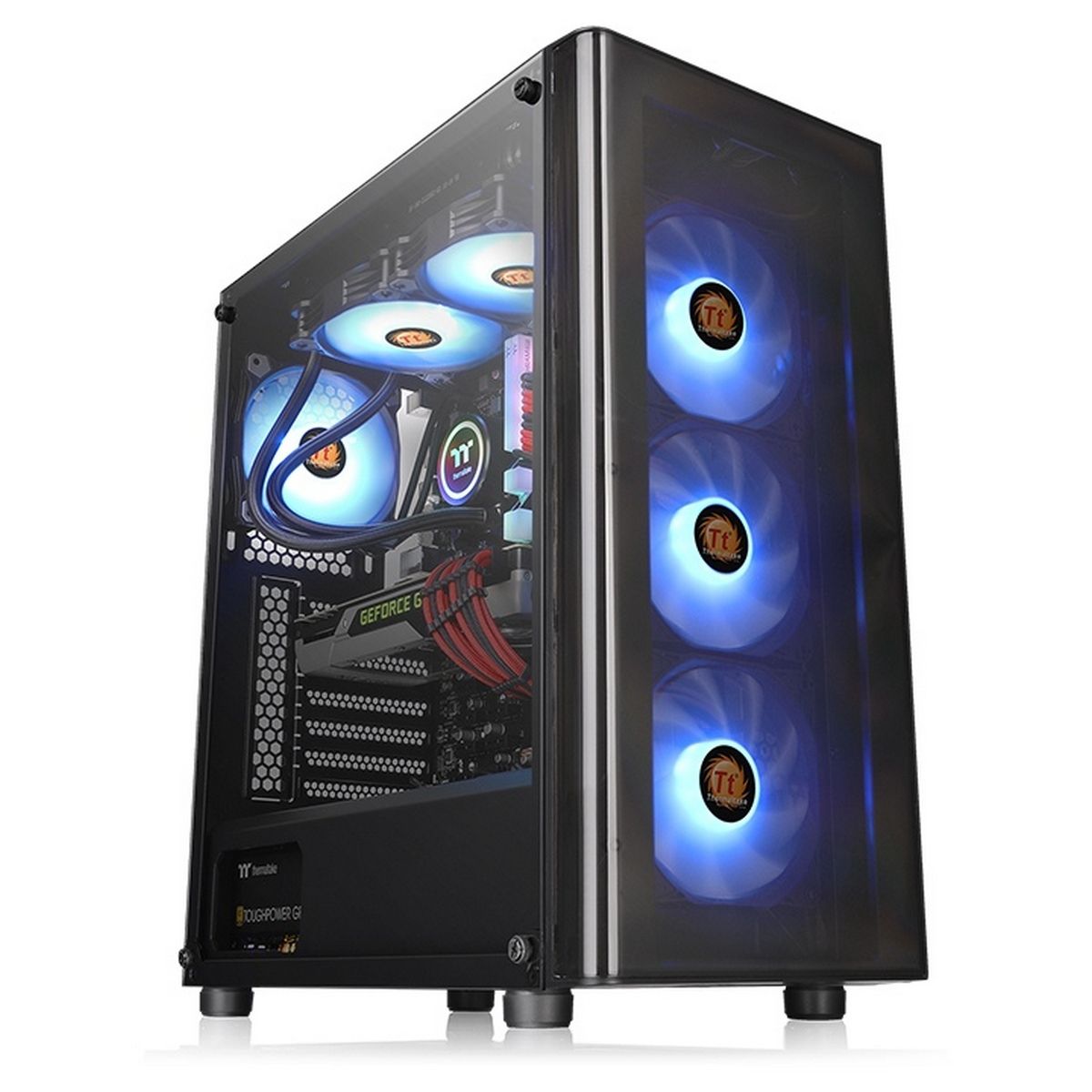 Thermaltake V200 Tempered Glass RGB Edition вид спереди и сбоку с открытой панелью — СЖО, видеокарта, три синих RGB-вентилятора