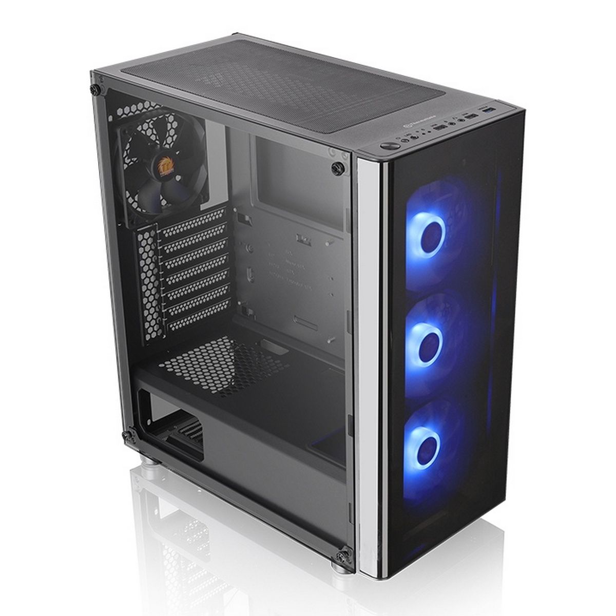 Thermaltake V200 Tempered Glass RGB Edition вид спереди закрытый — три синих RGB-вентилятора, прозрачная боковая панель, минималистичный дизайн