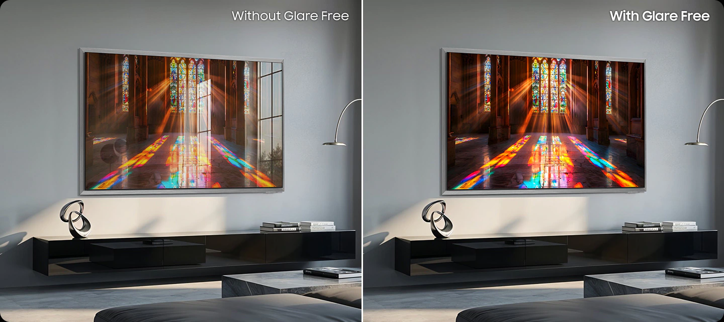 Samsung QE55S95H технология Glare Free &mdash; сравнение отражений без и с антибликовым покрытием