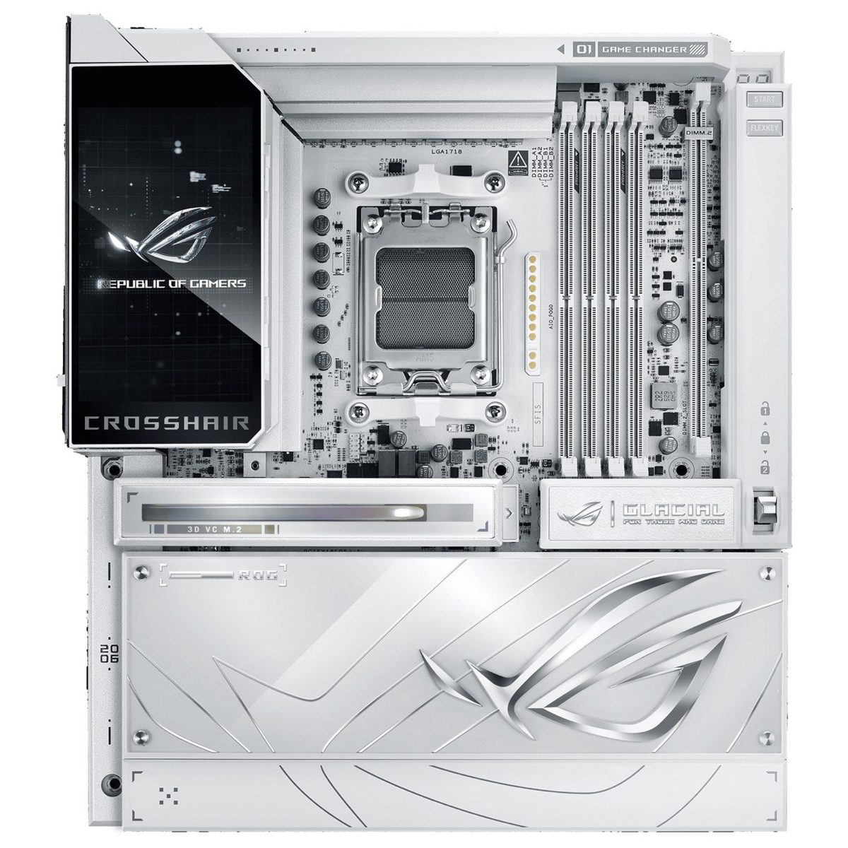 ASUS ROG Crosshair X870E Glacial AM5 X870E общий вид платы с подсветкой