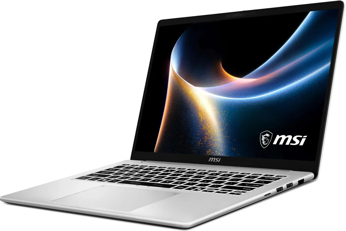 MSI Modern 14S AI+ G3MG-011XRU вид спереди под углом — тонкий серебристый корпус