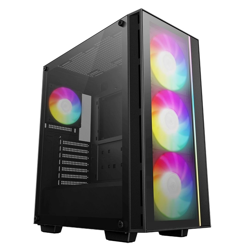 DeepCool Matrexx 55 V4 C вид спереди-сбоку с четырьмя ARGB-вентиляторами и стеклянной боковой панелью
