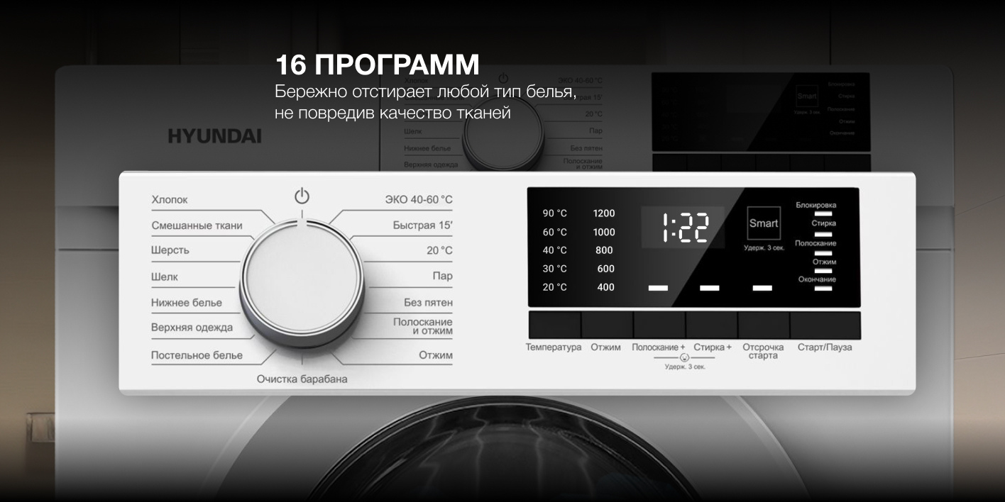 Hyundai WME8201 панель управления &mdash; 16 программ стирки, цифровой дисплей, регулятор температуры и отжима