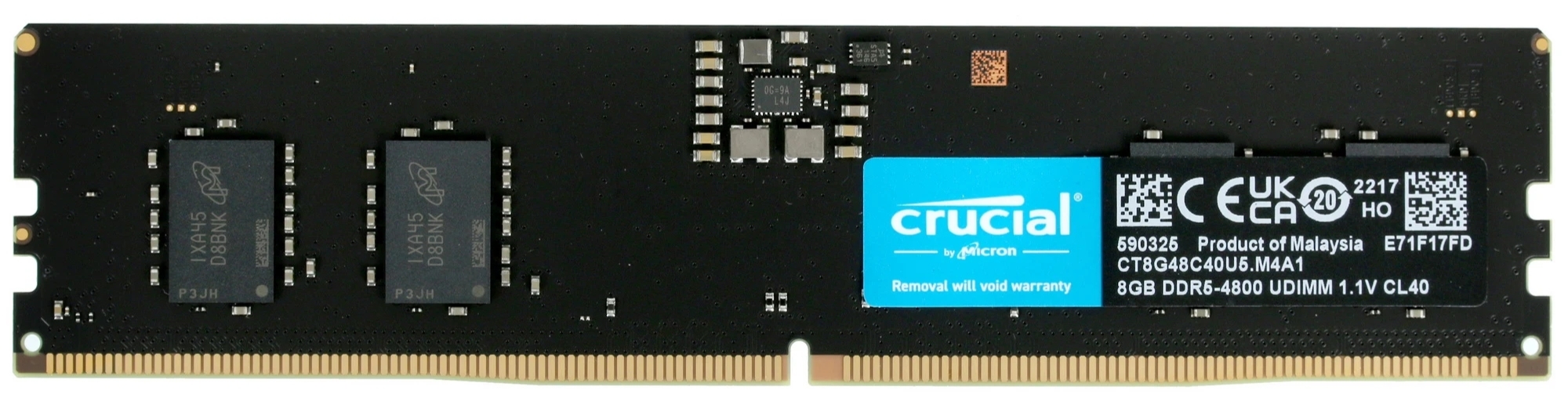Crucial CT8G48C40U5 DDR5 8GB 4800 МГц — микросхемы памяти и этикетка с характеристиками