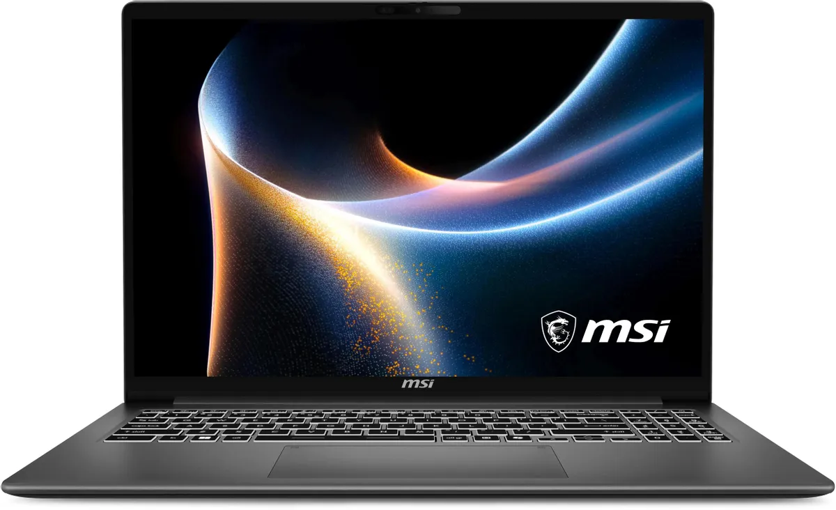 MSI Modern 16S AI+ вид спереди — OLED-экран и клавиатура с подсветкой
