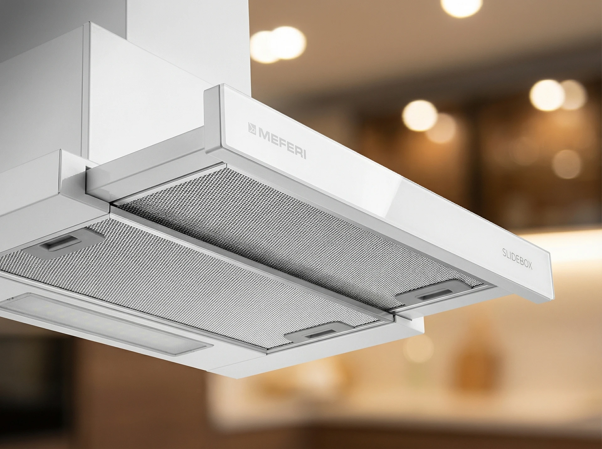 Meferi Light SlideBox60WH встраиваемая вытяжка в кухонном интерьере &mdash; скрытый монтаж в шкаф