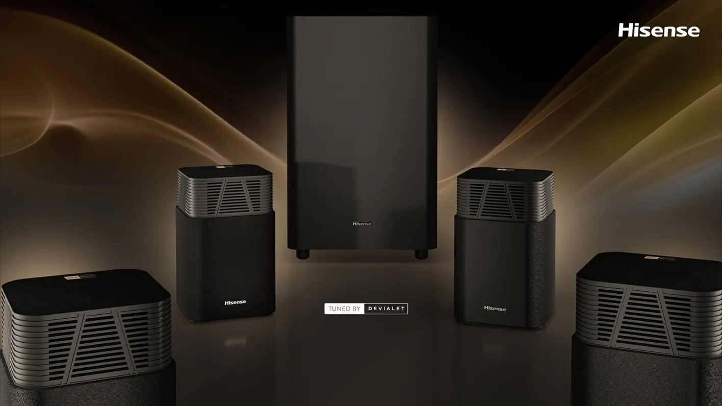 Hisense HT SATURN полная комплектация — саундбар, сабвуфер, четыре спутниковых динамика и аксессуары