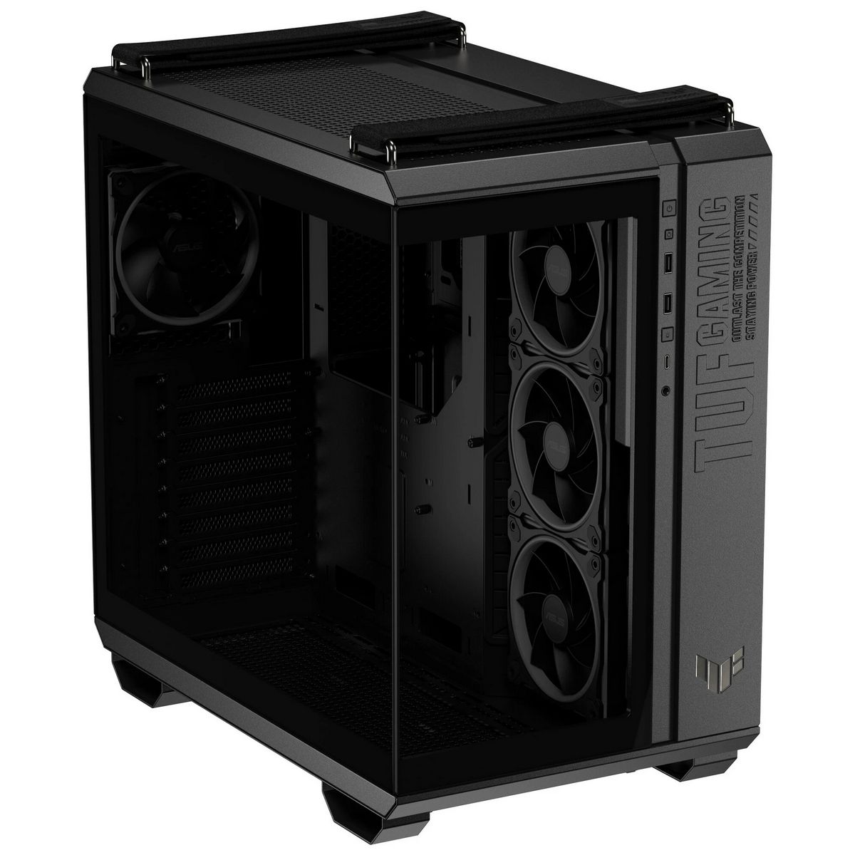 ASUS TUF Gaming GT502 Horizon ARGB вид под углом &mdash; тройная система охлаждения, подъёмная верхняя крышка