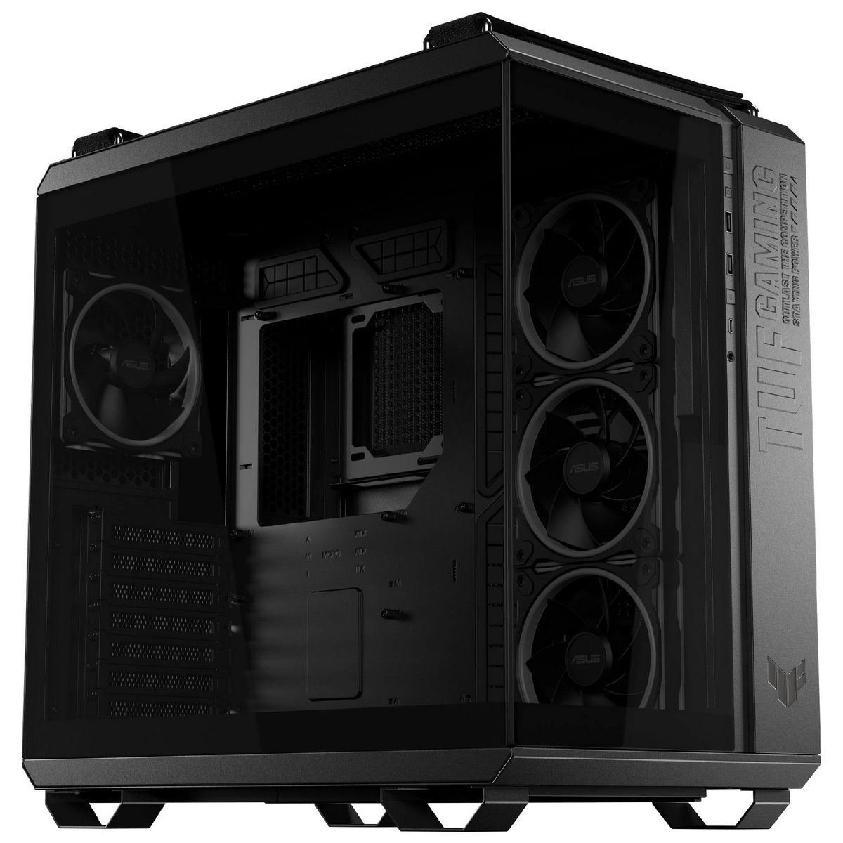 ASUS TUF Gaming GT502 Horizon ARGB открытая левая панель &mdash; отсек видеокарты, три боковых вентилятора, кабельный менеджмент