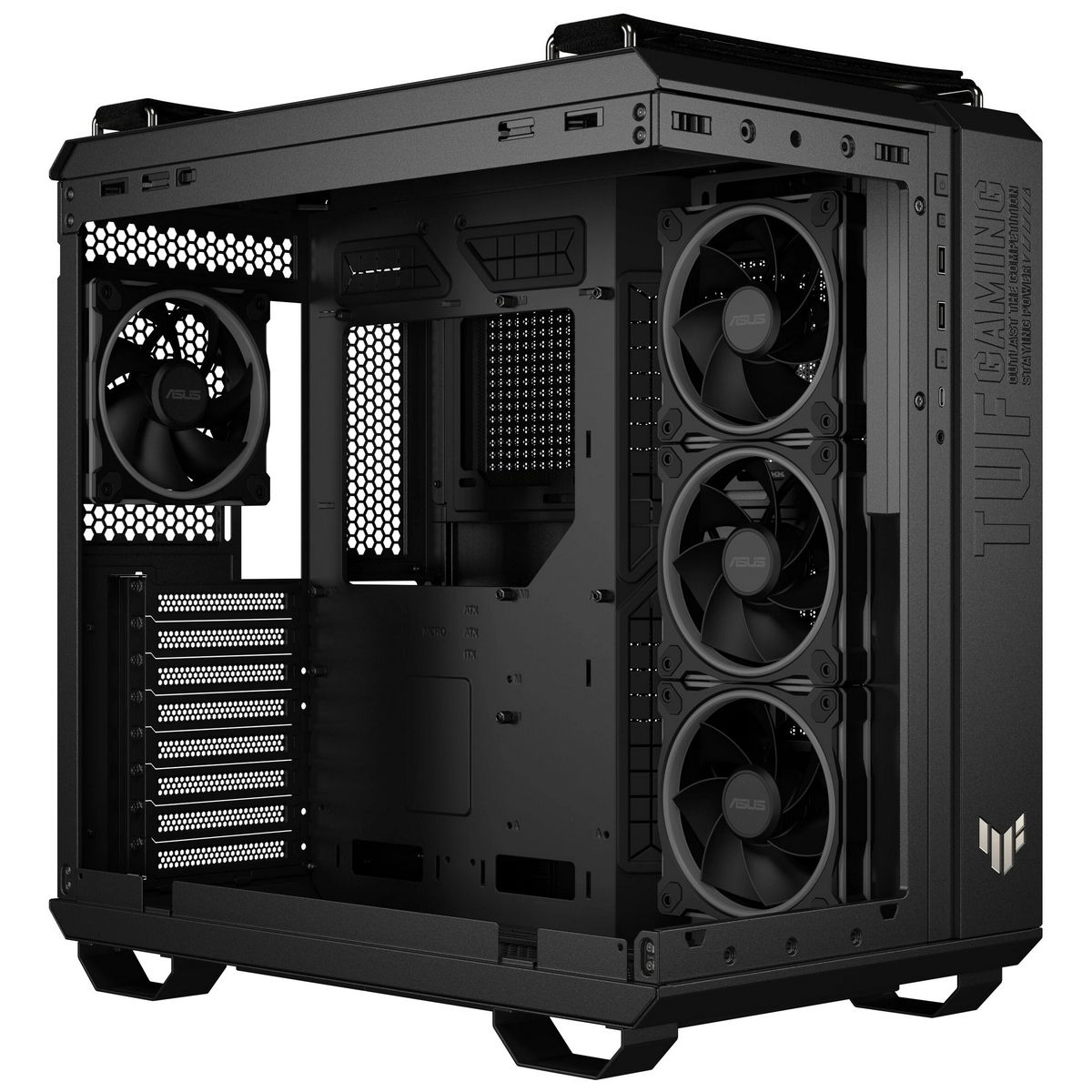 ASUS TUF Gaming GT502 Horizon ARGB боковой профиль с открытой панелью &mdash; передний вентилятор, верхние разъёмы, отсеки накопителей
