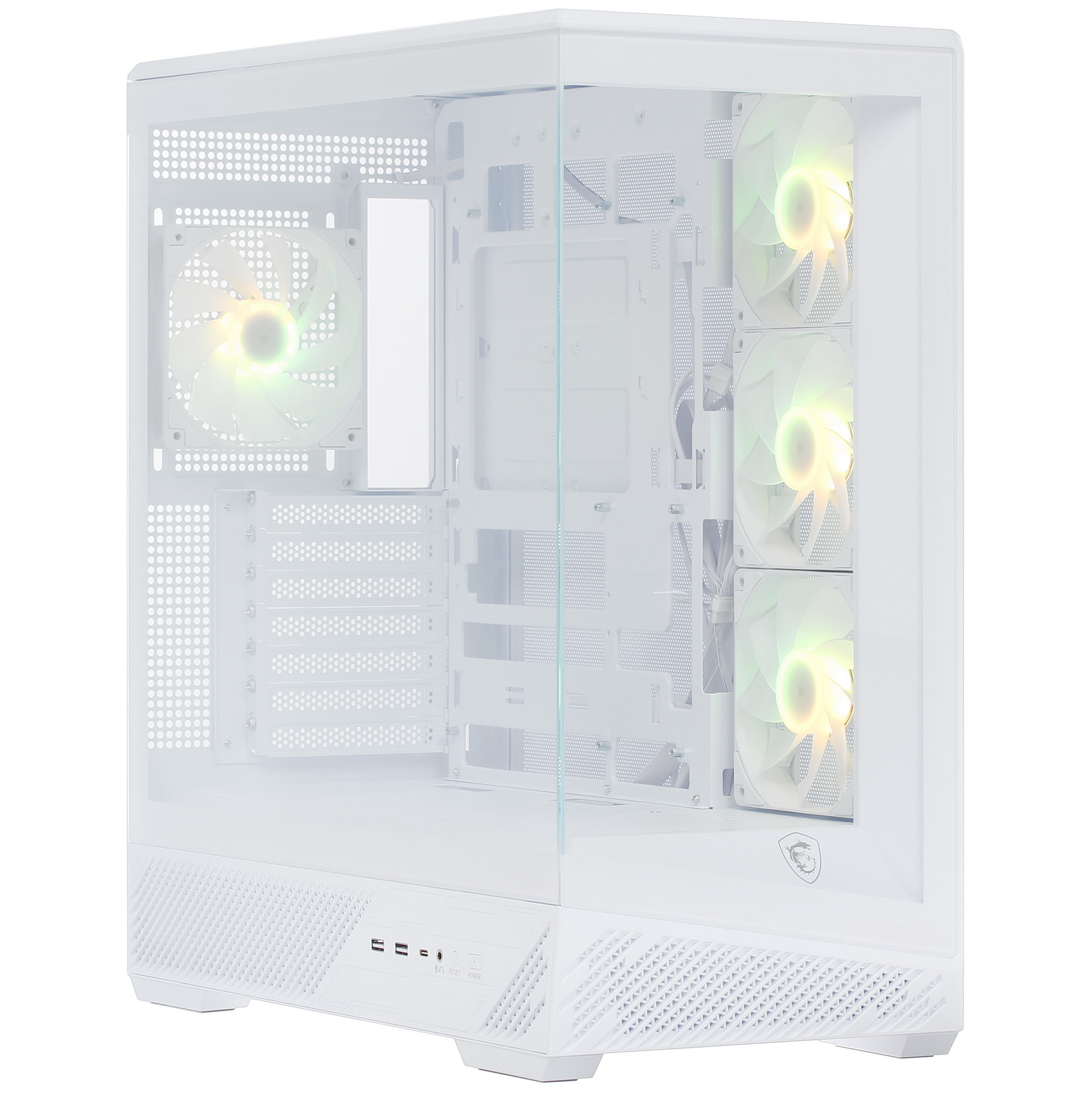 MSI MAG PANO 130R PZ белый трёхчетвертной ракурс с ARGB-подсветкой и прозрачной боковой панелью