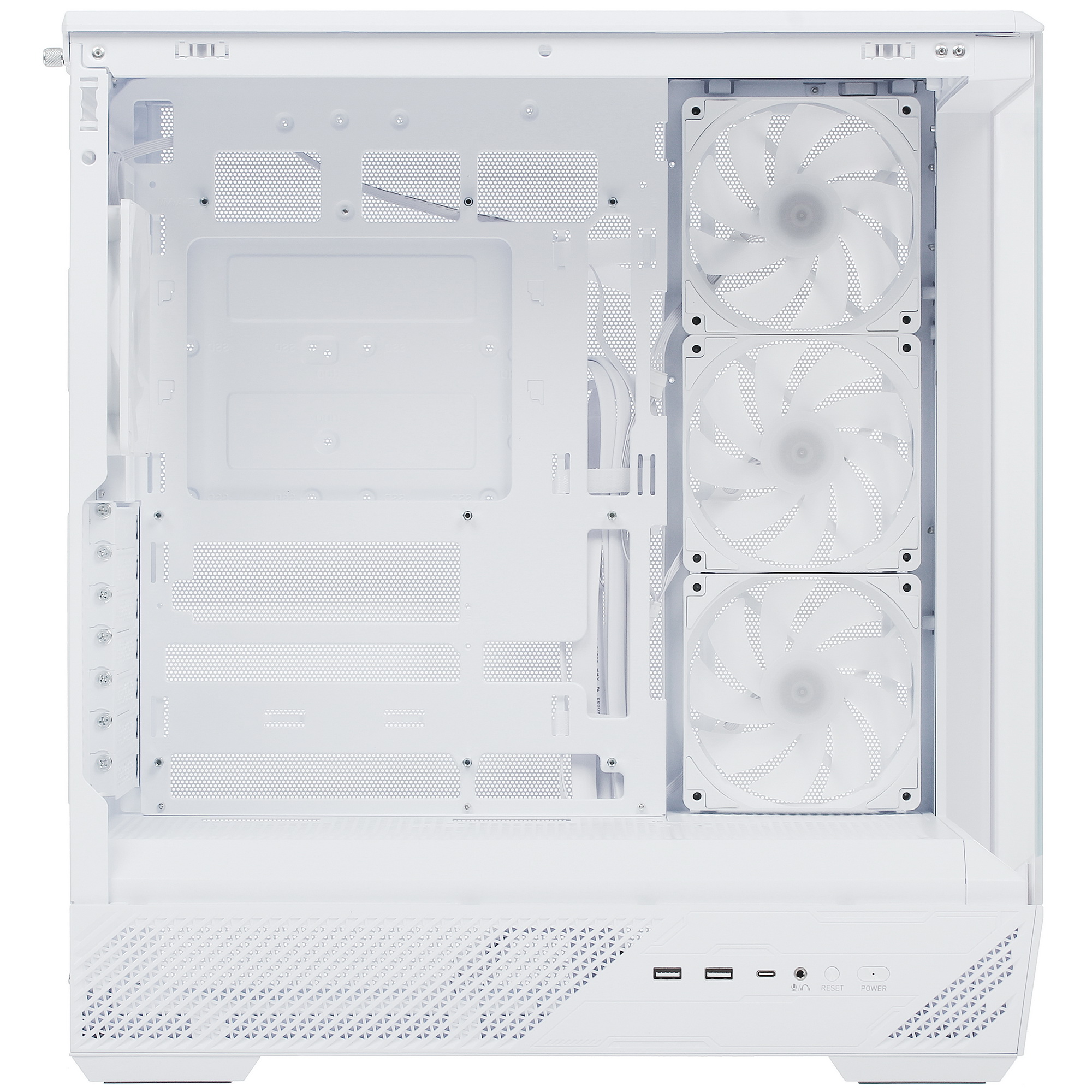 MSI MAG PANO 130R PZ вид сверху с открытой крышкой, три ARGB-вентилятора на боковой панели, порты USB и кнопки на передней панели