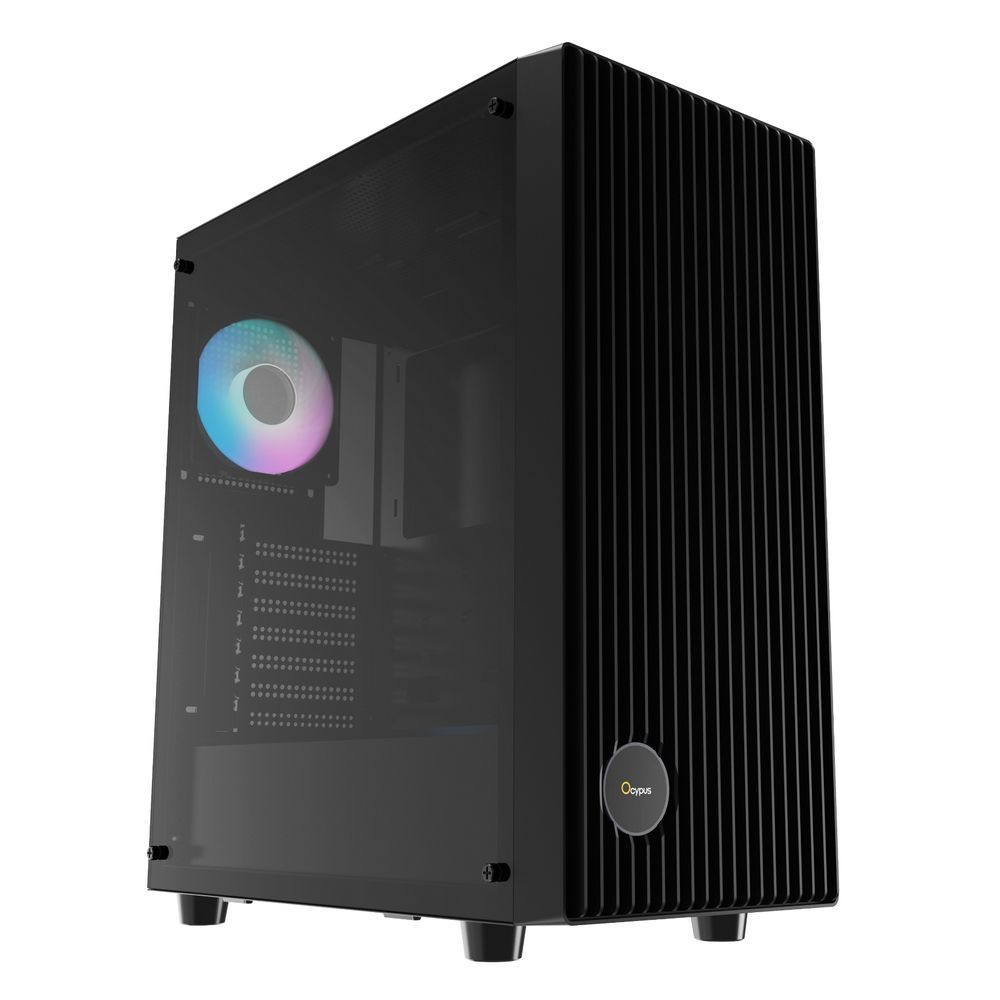 Ocypus Gamma C70 ARGB вид спереди с ARGB-подсветкой вентиляторов и прозрачной боковой панелью