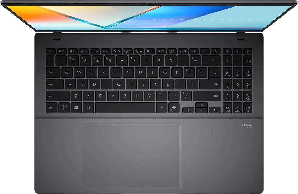 ASUS Vivobook S16 M3607HA вид сверху клавиатура с полной раскладкой и большой тачпад Dolby Atmos