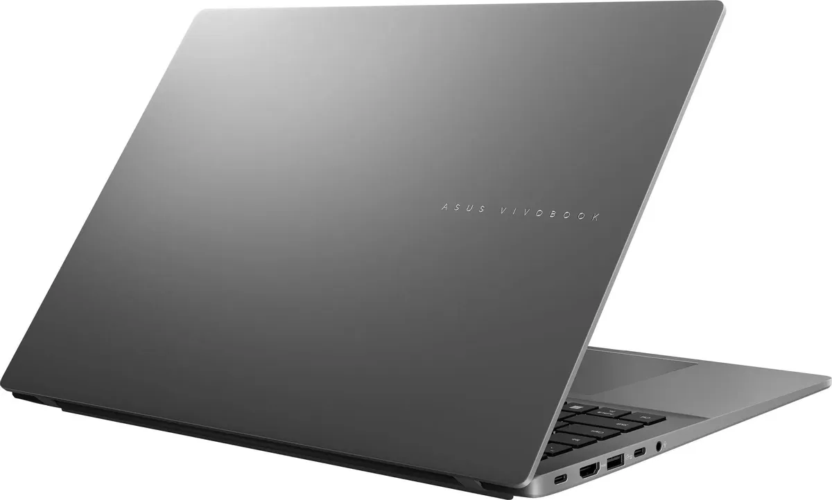 ASUS Vivobook S16 M3607HA вид сбоку закрытый тонкий корпус боковые порты и разъёмы